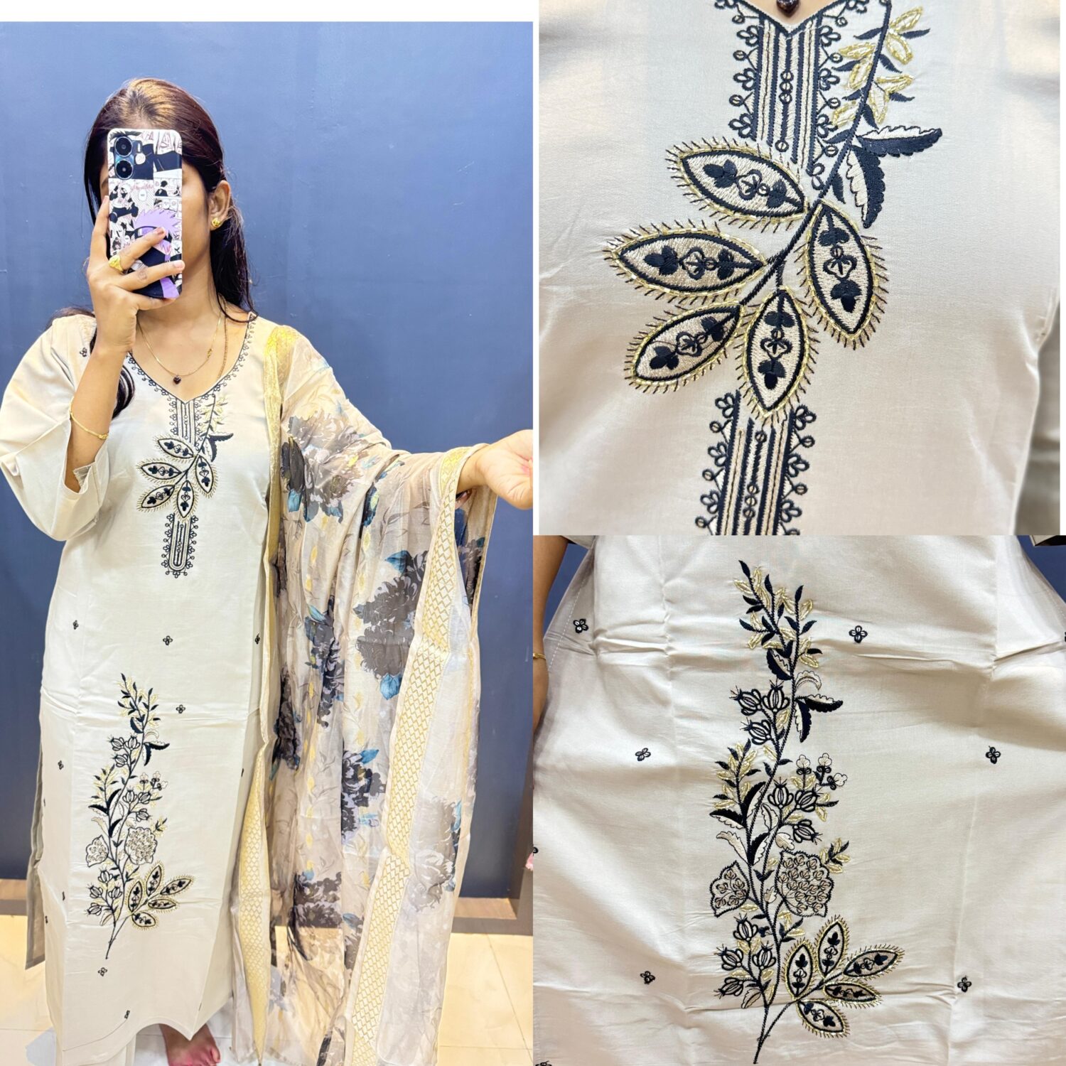 Light Grey With Black Gold Work Digital Dupatta
