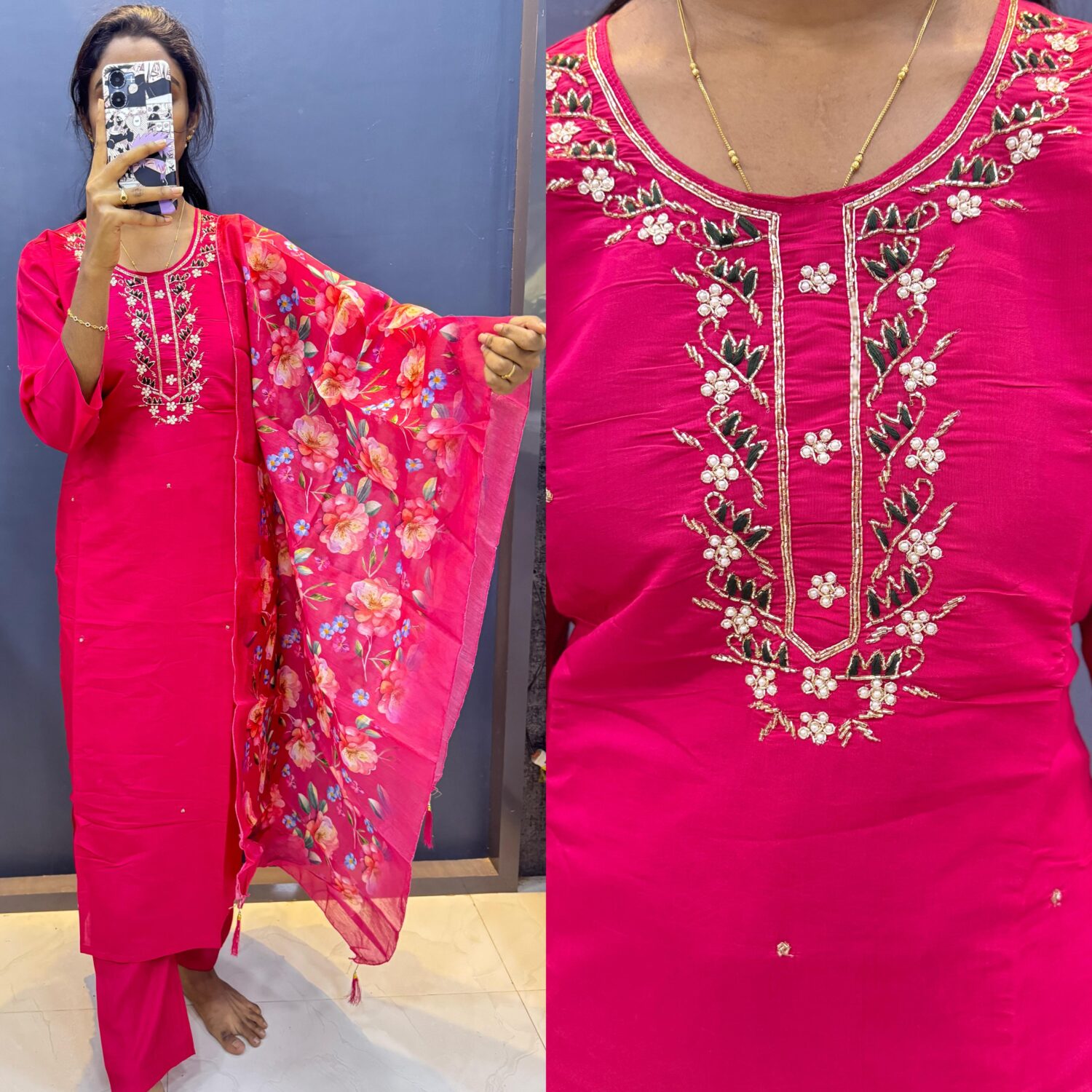 Dark Pink Work with Floral Print Dupatta