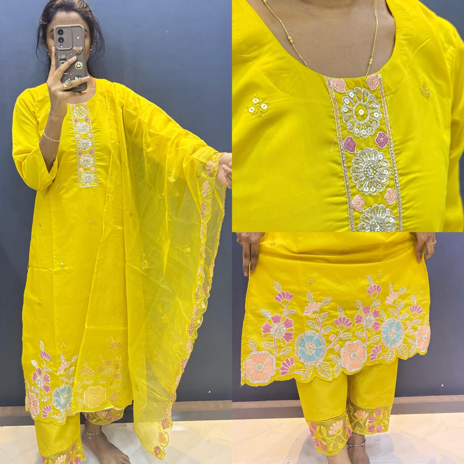 Yellow Cut Work Embroidery Kurta Set