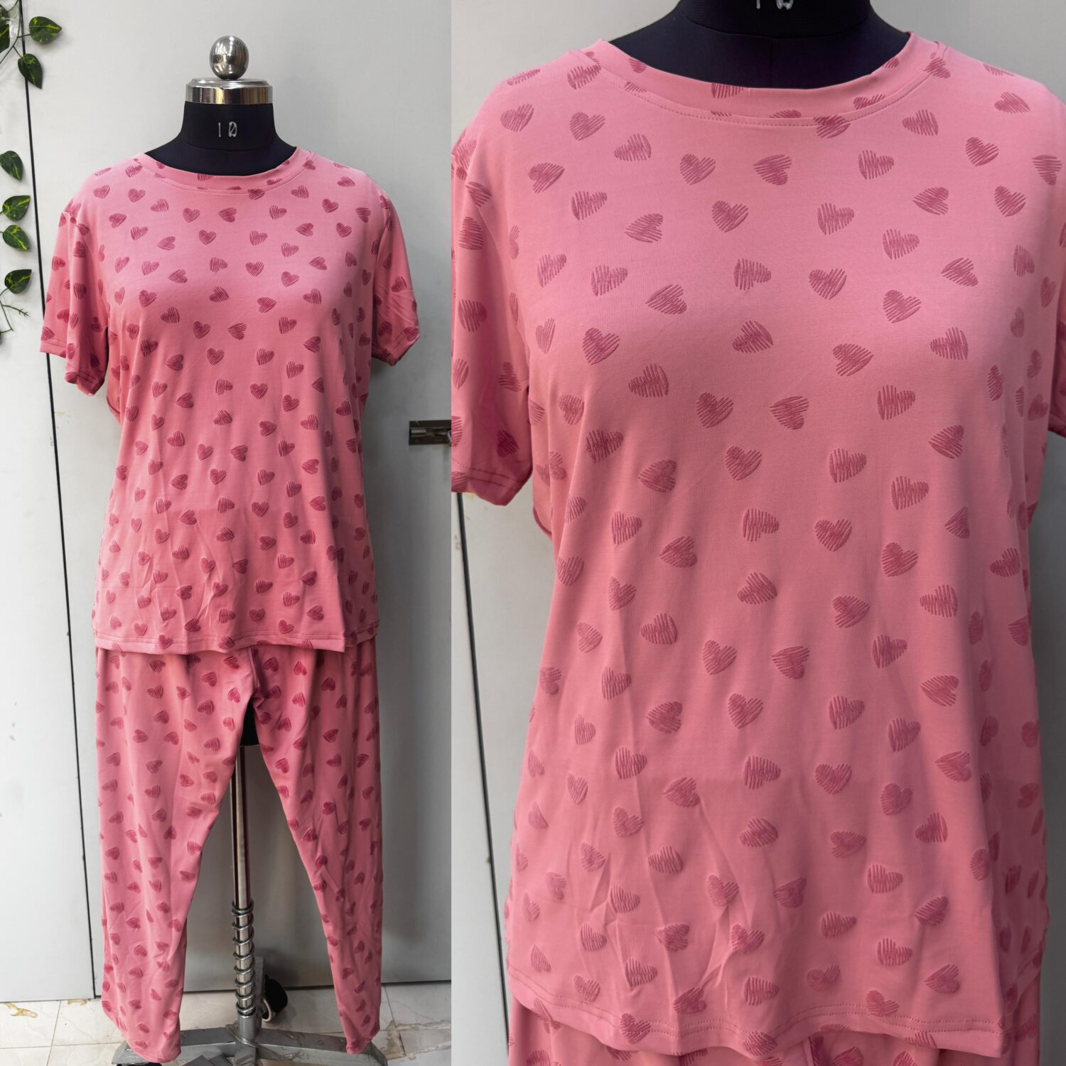 Baby Pink – Hosiery Fabric 3D Hearts Embossing – Night Wear