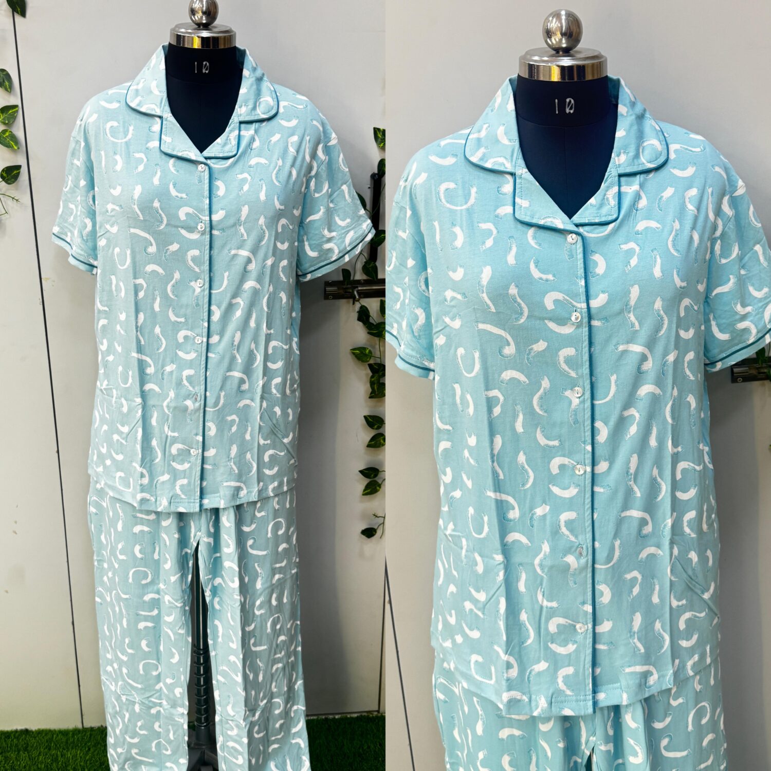 sea blue with white prints – Hosiery Fabric – Night Wear