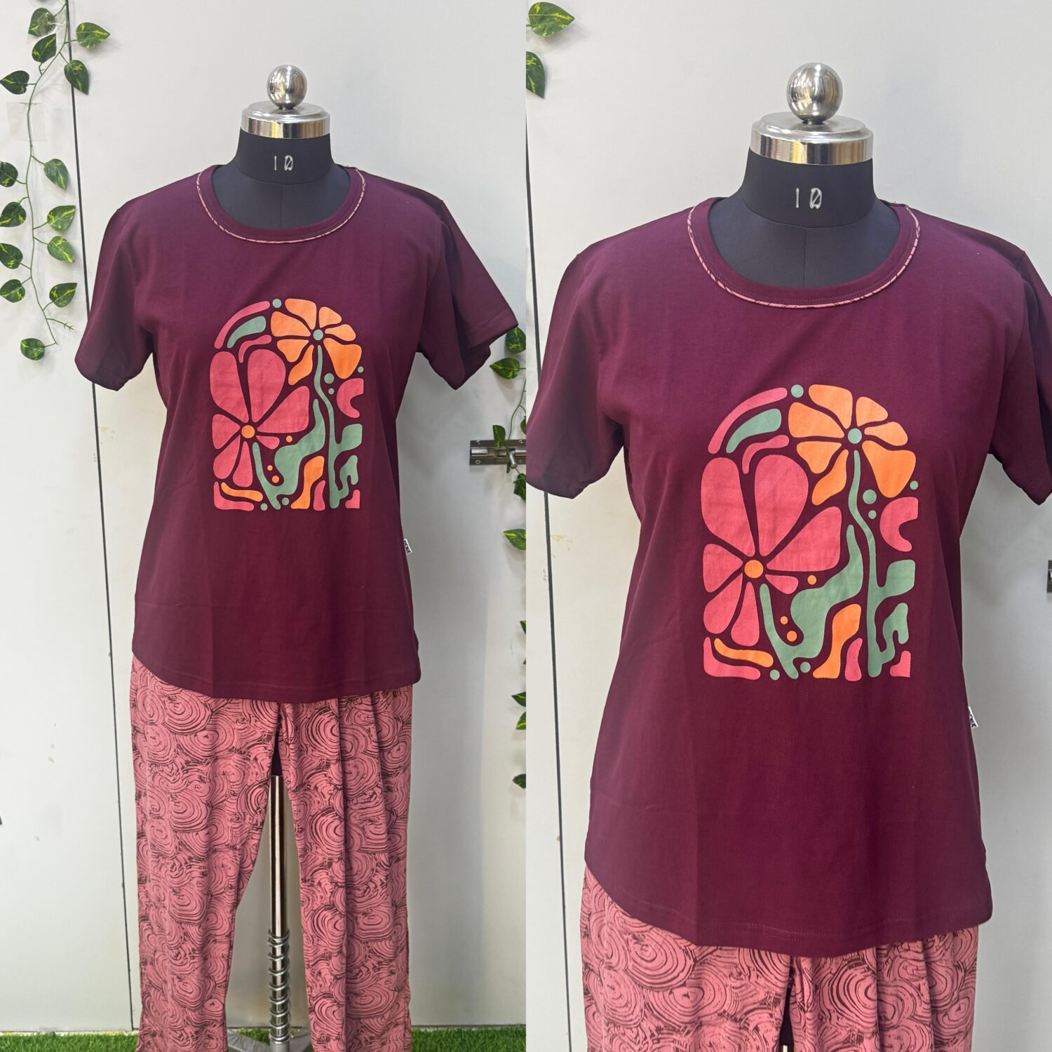 Maroon Hosiery Fabric Printed – Night Wear