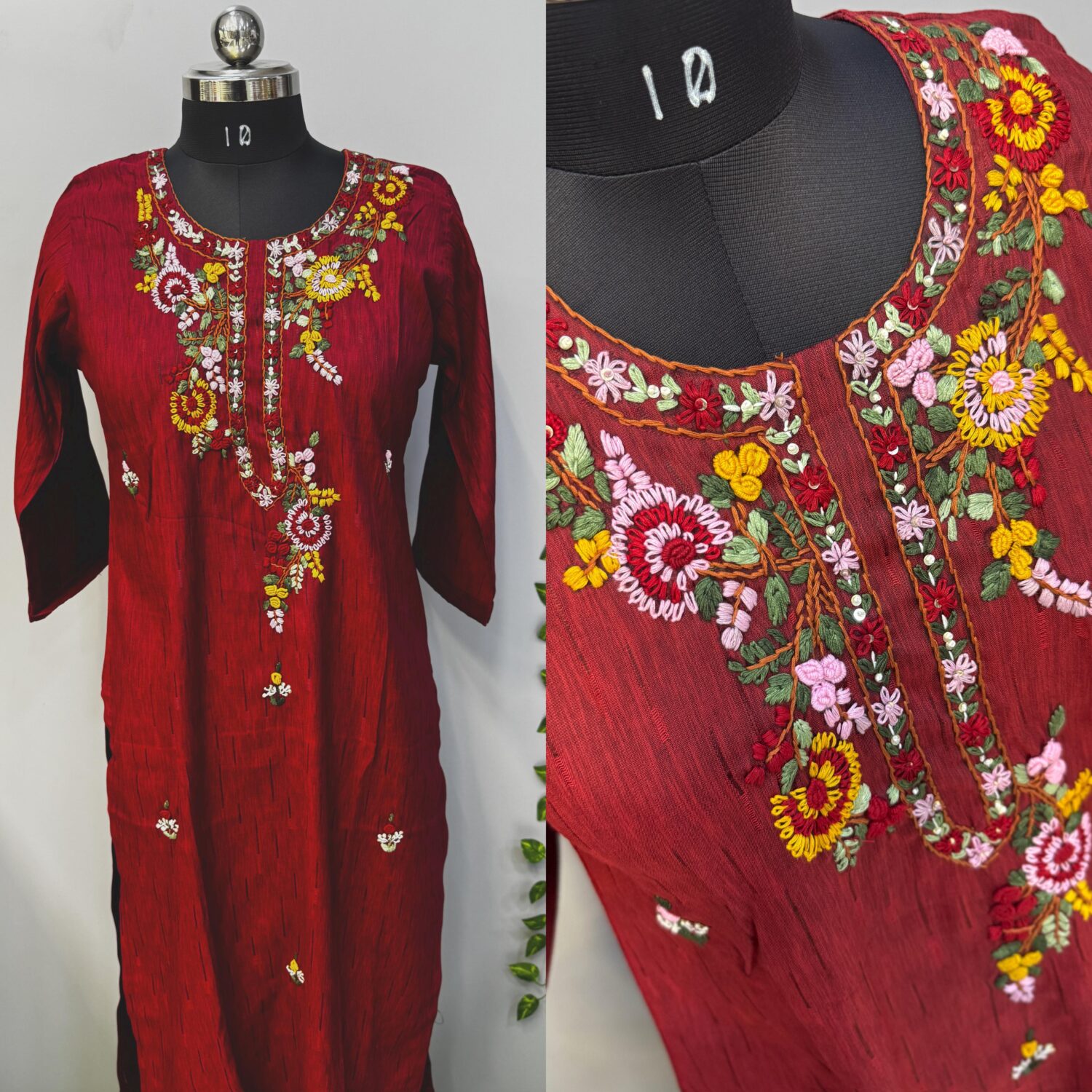 Brick Red Vetican Thread Embroidery Kurti ( No Lining)