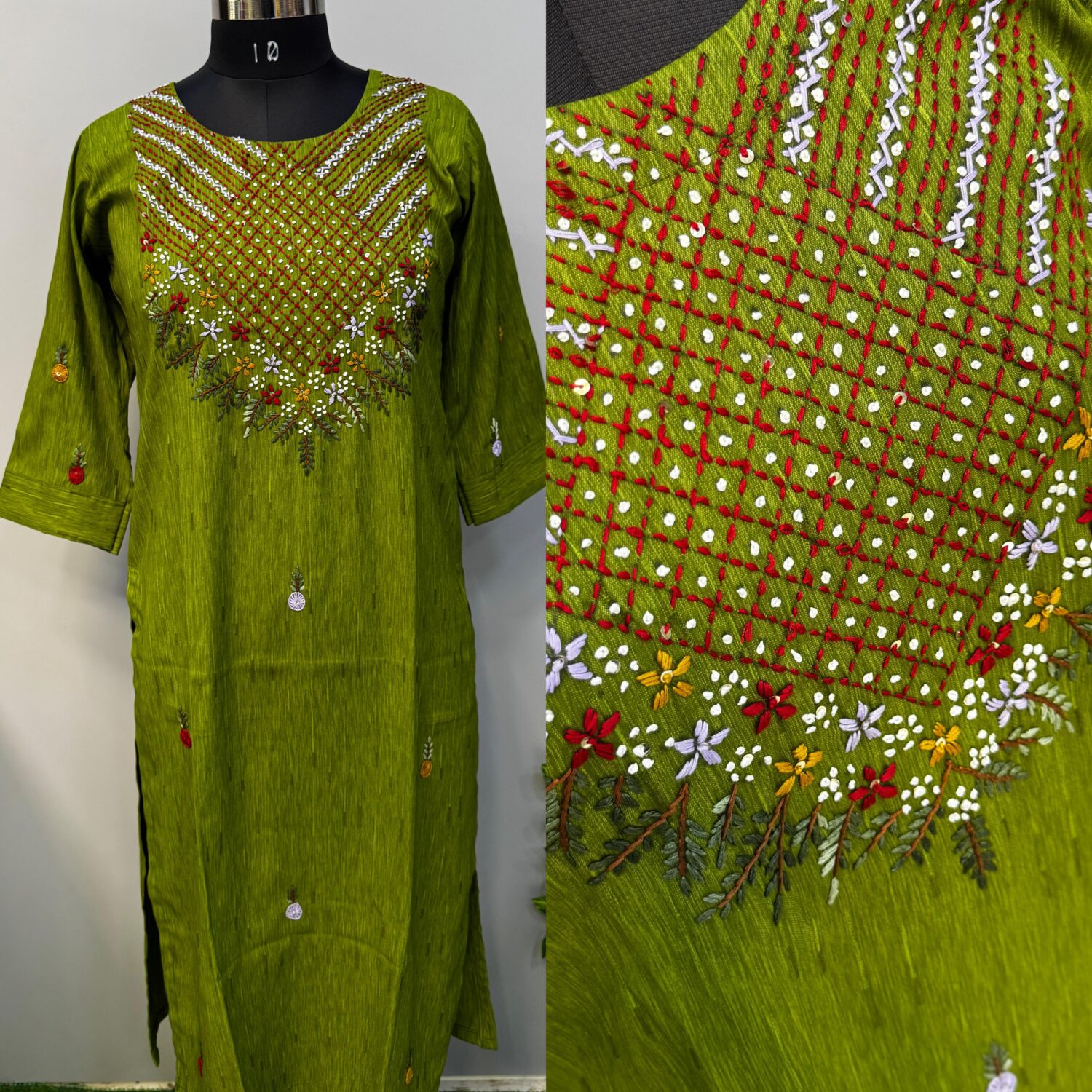 Parrot Green Vetican Thread Embroidery Kurti (No Lining)
