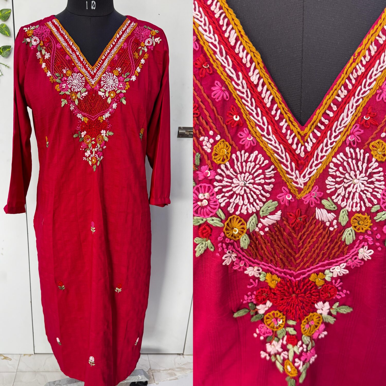 Rani Pink Hand Thread Embroidery Kurti (No Lining)