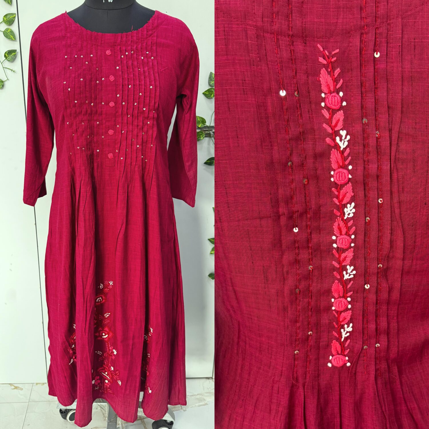 Red Frock With Pure Hand Thread Embroidery (No Lining)