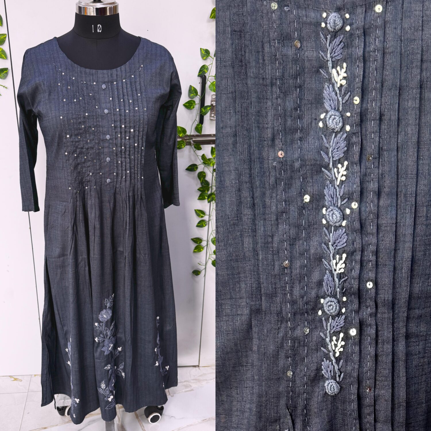 Dark Navy Blue Frock With Pure Hand Thread Embroidery (No Lining)