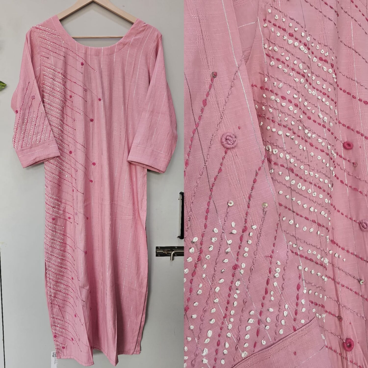 Baby Pink Modal silk Thread Embroidery Kurti (No Lining)