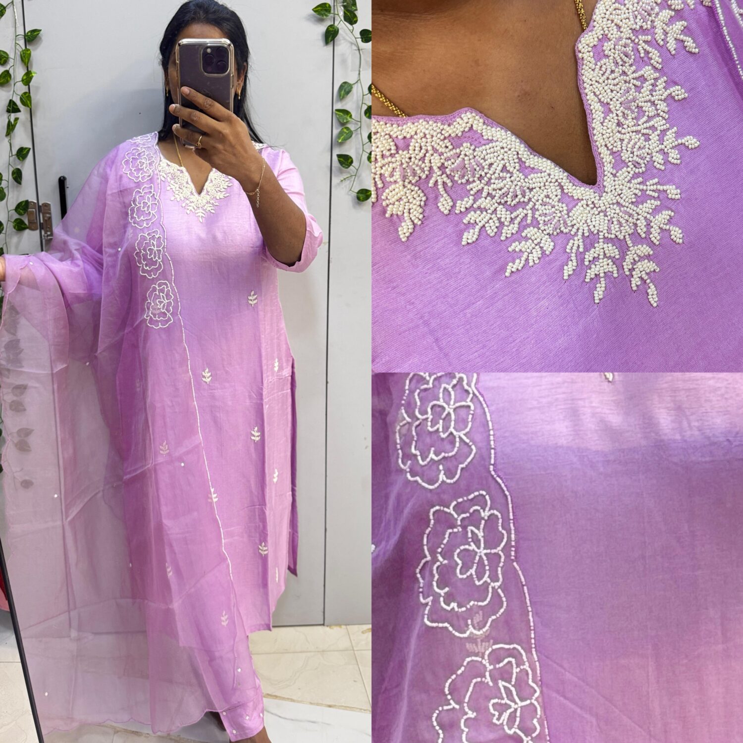 Lavender Dola Silk Pearl Work 3pc Kurta Set
