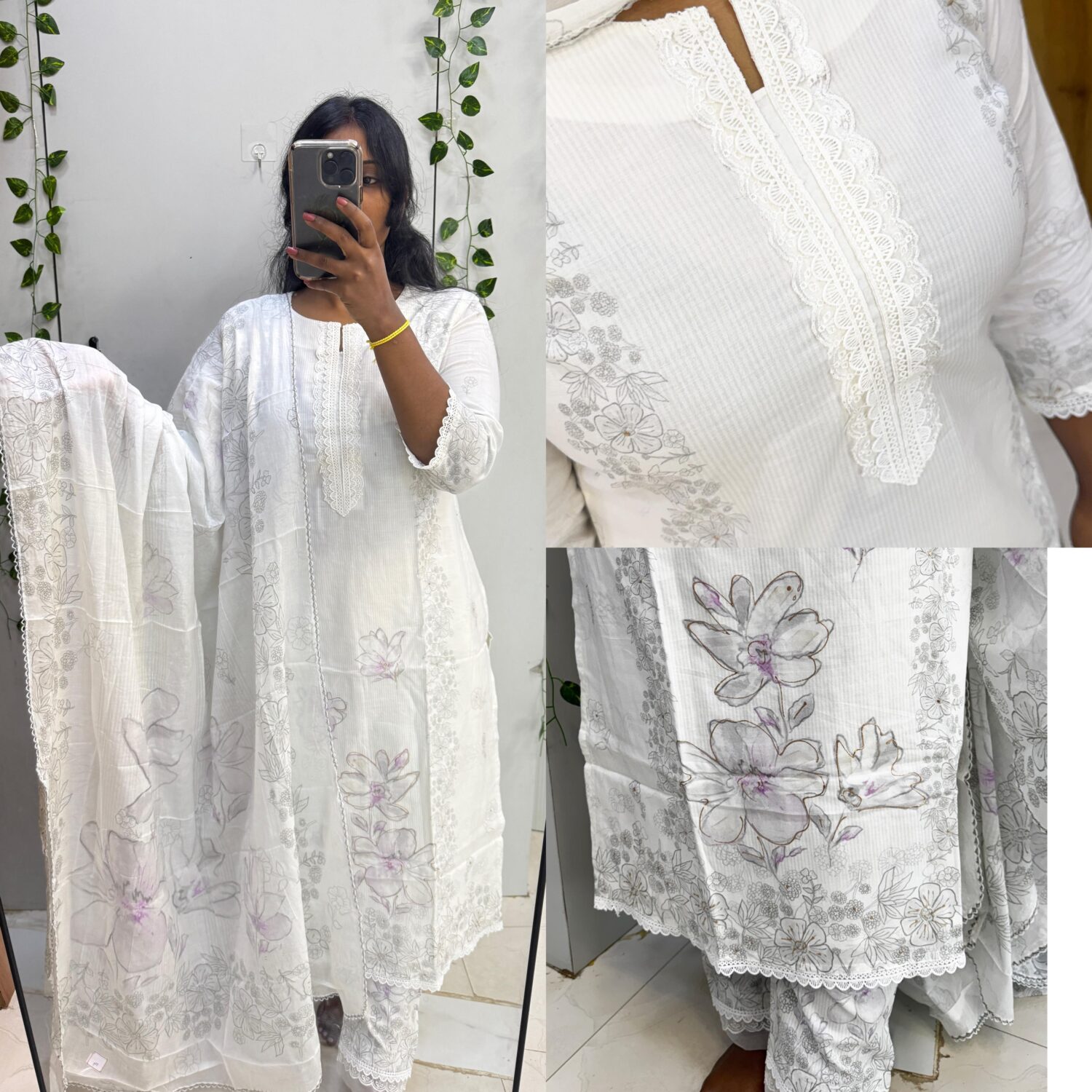 White cotton stripes purple floral print kurta with soft Mul digital Dupatta set – PMA31