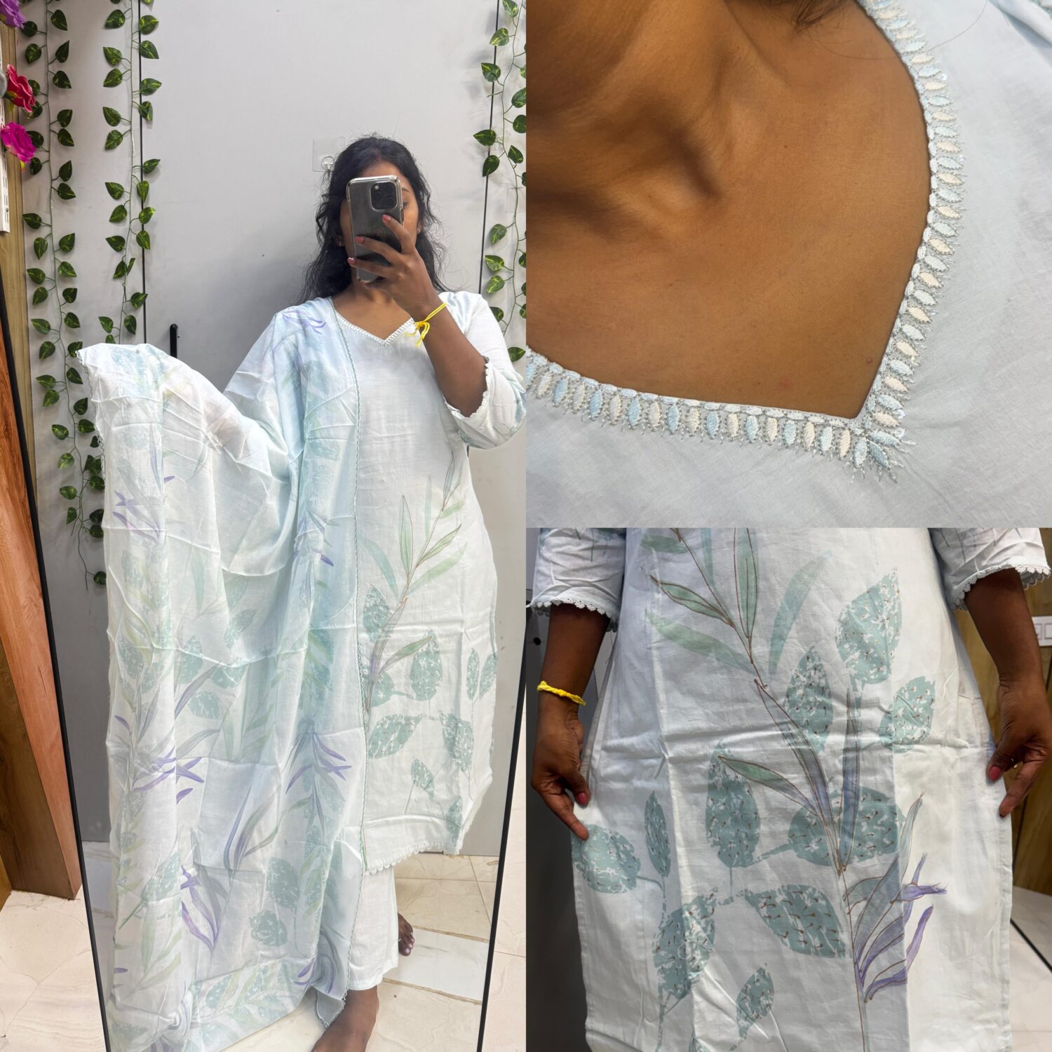 Aqua blue floral cotton kurta With Soft Mul Dupatta Kurta set – PMA34