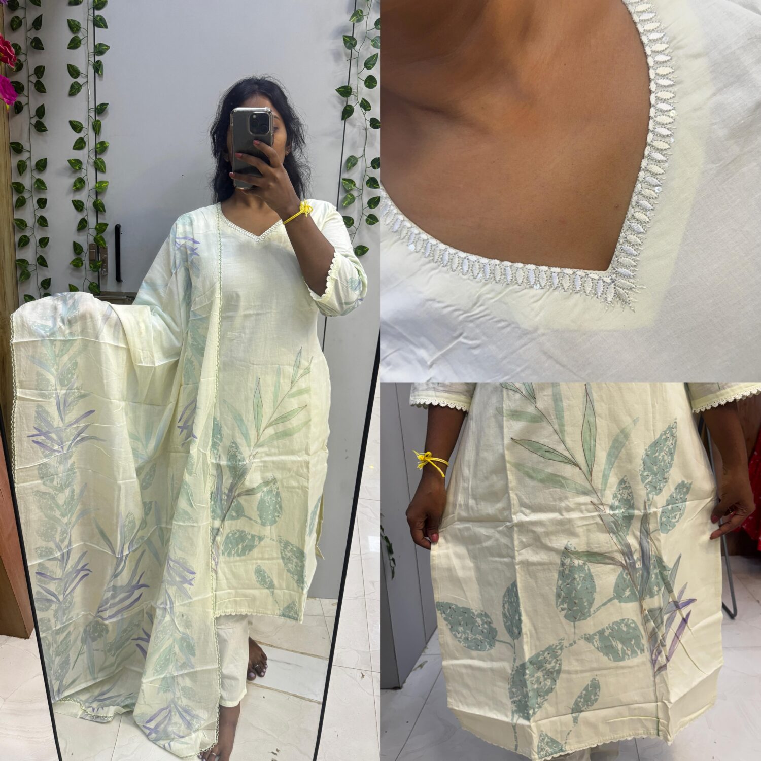 Light cream Floral Cotton kurta with Soft Mul Dupatta set -PMA35