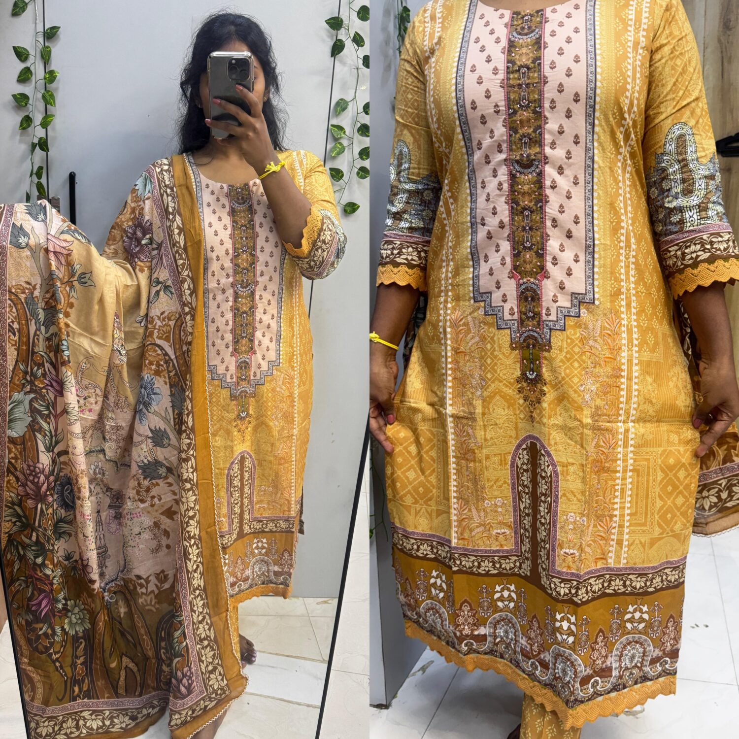 Dark Bisque cotton Kundan kurta with Soft Mul Digital Dupatta Set – PMA37