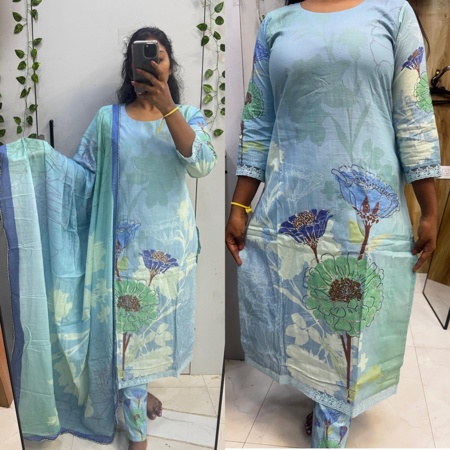 Sea Blue cotton floral kurta with soft Mul Dupatta set – PMA41