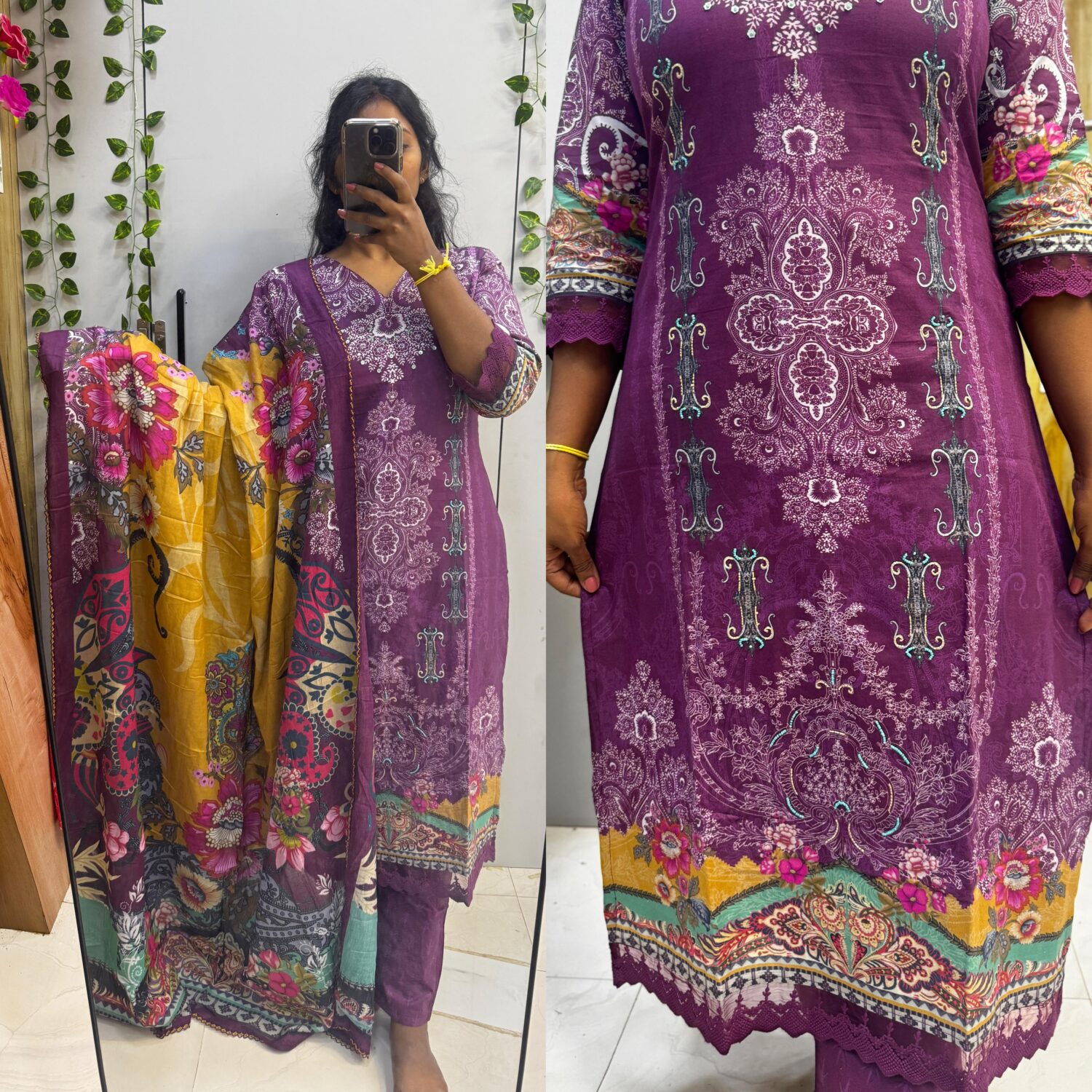 Plum Mandal Print cotton Kurta with Soft Mul Dual shade Dupatta set – PMA44
