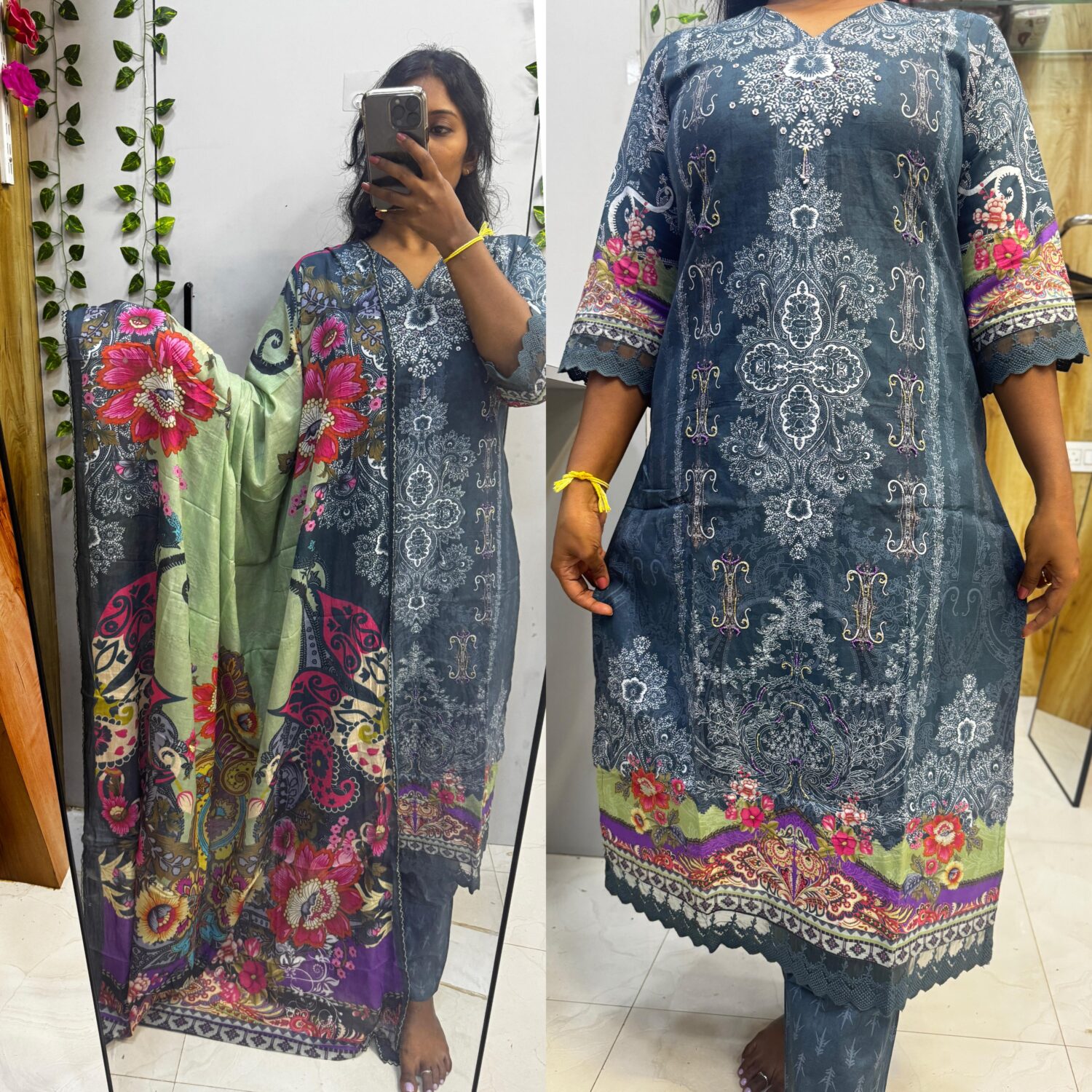 Dark Blue Mandal print Cotton Kurta with Soft Mul Dual shade Dupatta Set – PMA46