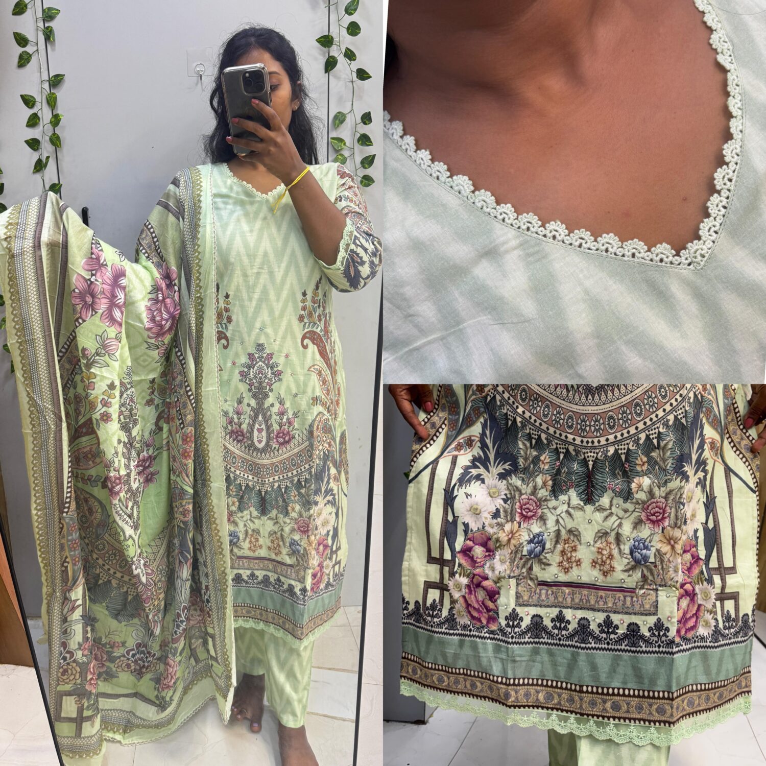Pista Green Floral cotton kurta with Soft Mul Dupatta Set – PMA47