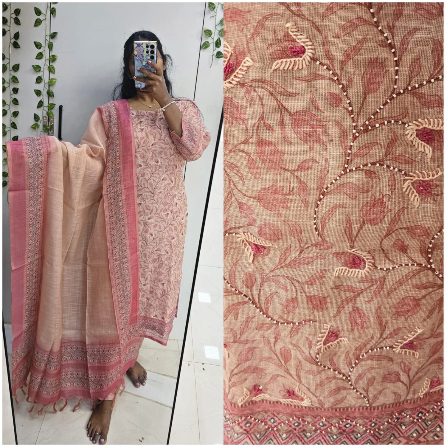 Pink Premium Jamdani Linen with mulcotton lining all over embroidery kurta set (Prefer next size) -PMA53