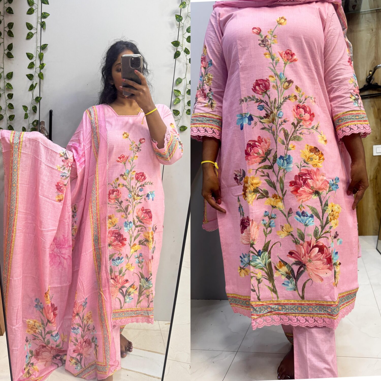 Rose Pink floral Cotton kurta with Soft Mul Dupatta Set – PMA48