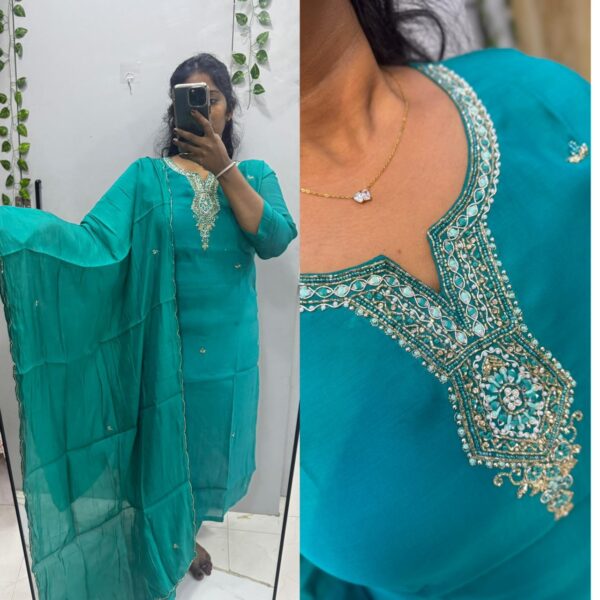 Rama green Pure Roman with heavy Kundan kurta Set (Prefer Next Size) - PMA68