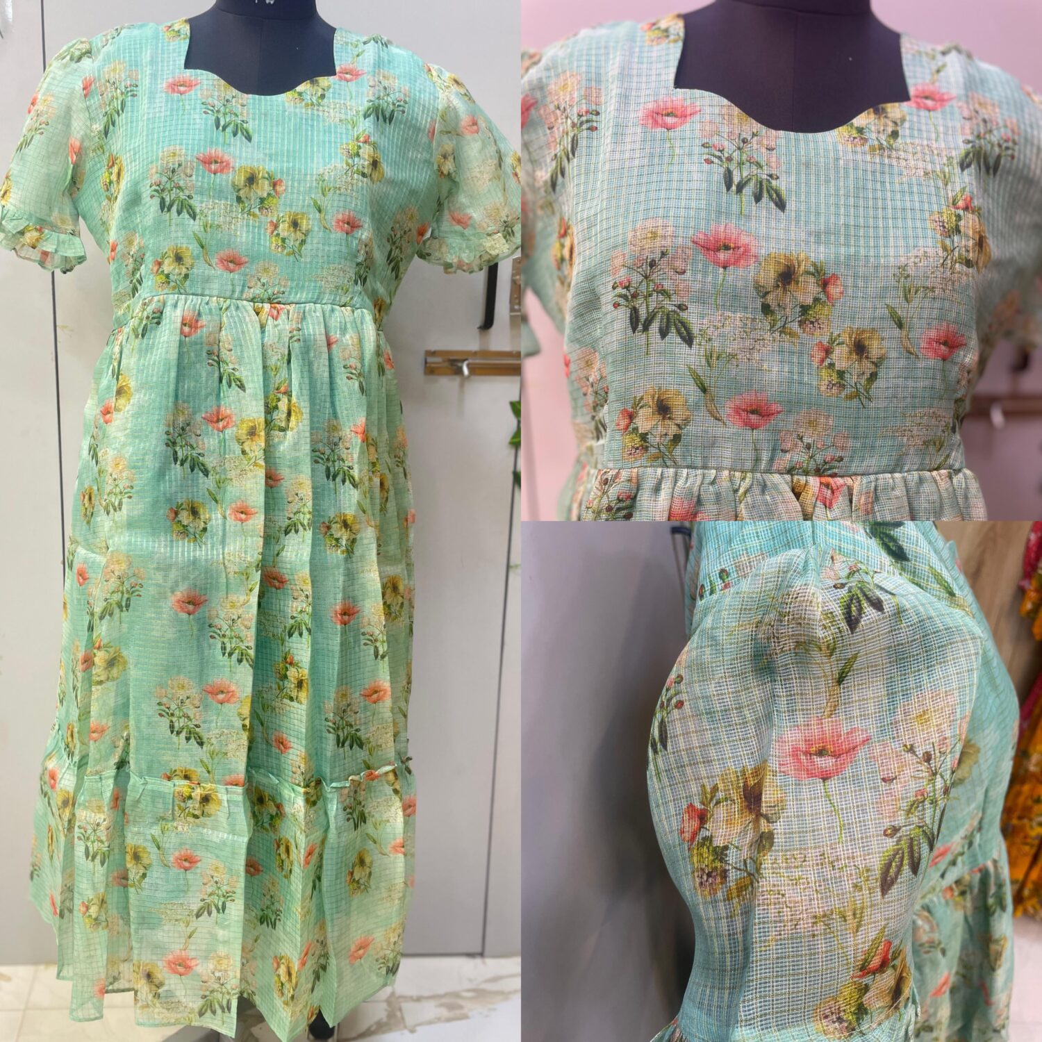 Kota Zari Check Sea Green Frock Floral Design – PM131