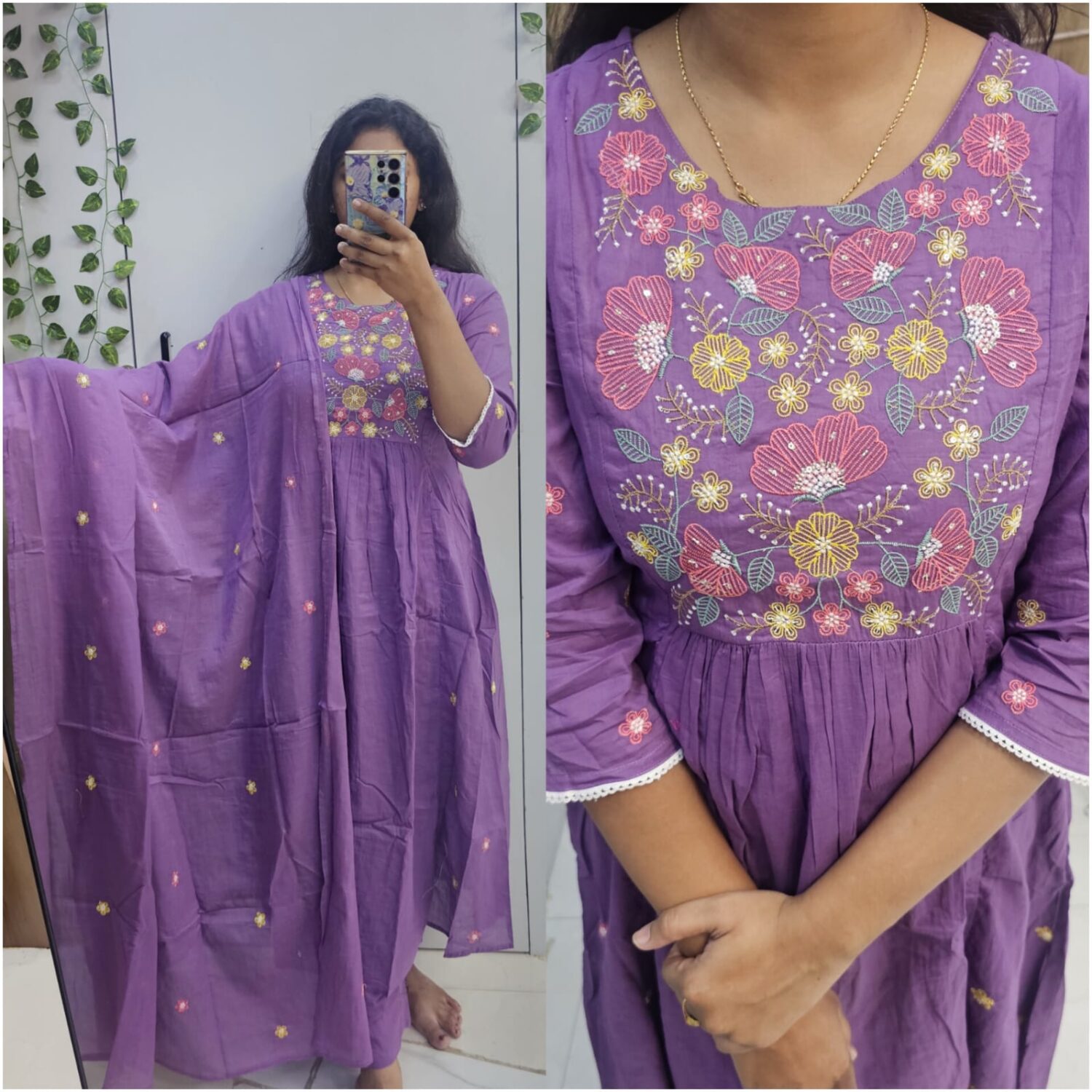 Lavender Mul cotton Anarkali Thread Embroidery kurta set – PMA148