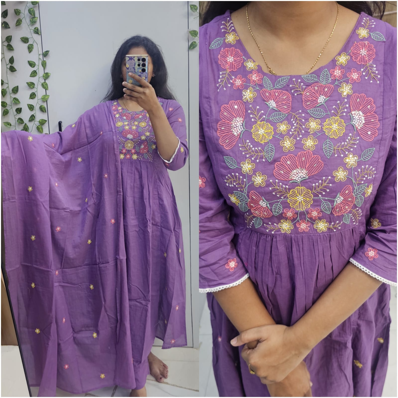 Lavendar mul coton anarkali thread embroidery kurth set