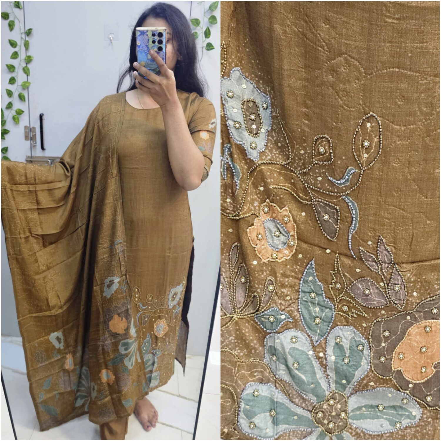 Brown muslin 3D- Embossing – kurta set -PMA89