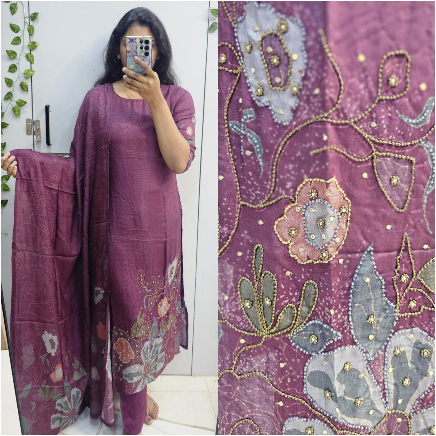 Muslin wine 3D- Embossing – kurta set -PMA90