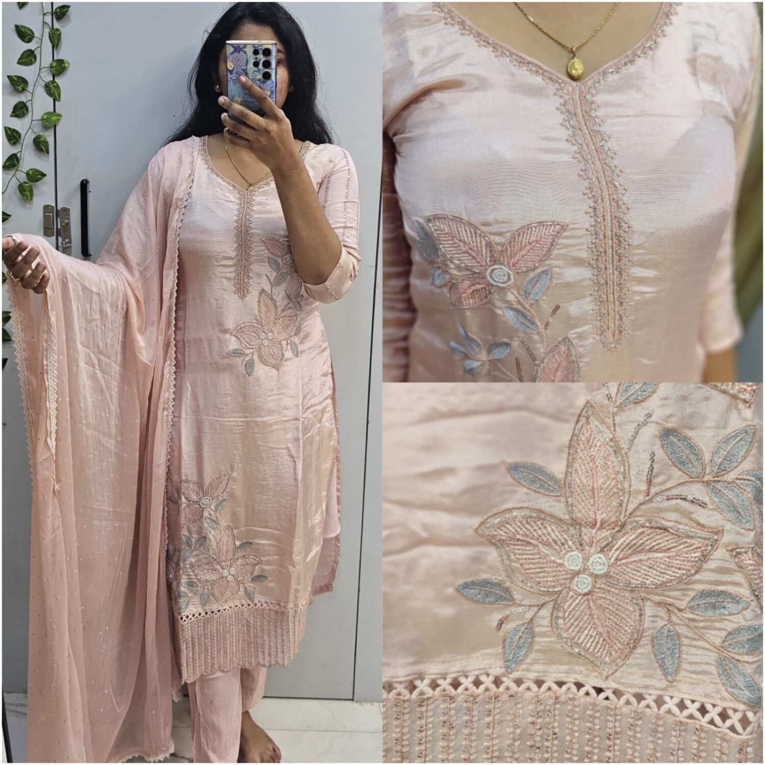 Glossy roman peach pink thread with beats kurta set (prefer next size ) -PMA91
