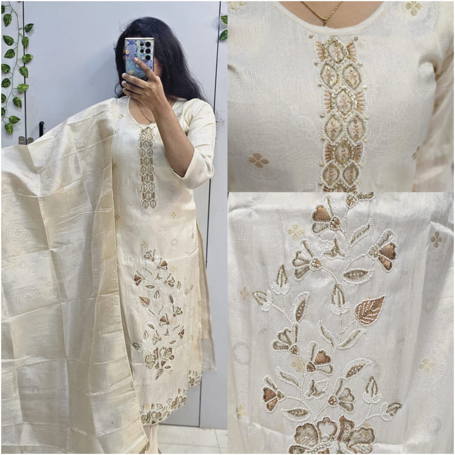 Cream roman shimmer zari embossing banarasi dupatta – kurta set (prefer next size ) -PMA92