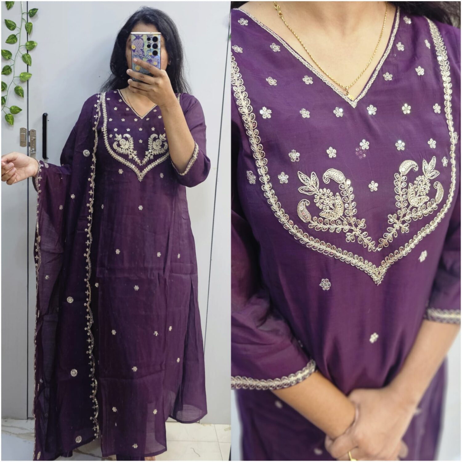 Roman silk wine Anarkali with cut work dupatta – kurta set -PMA93