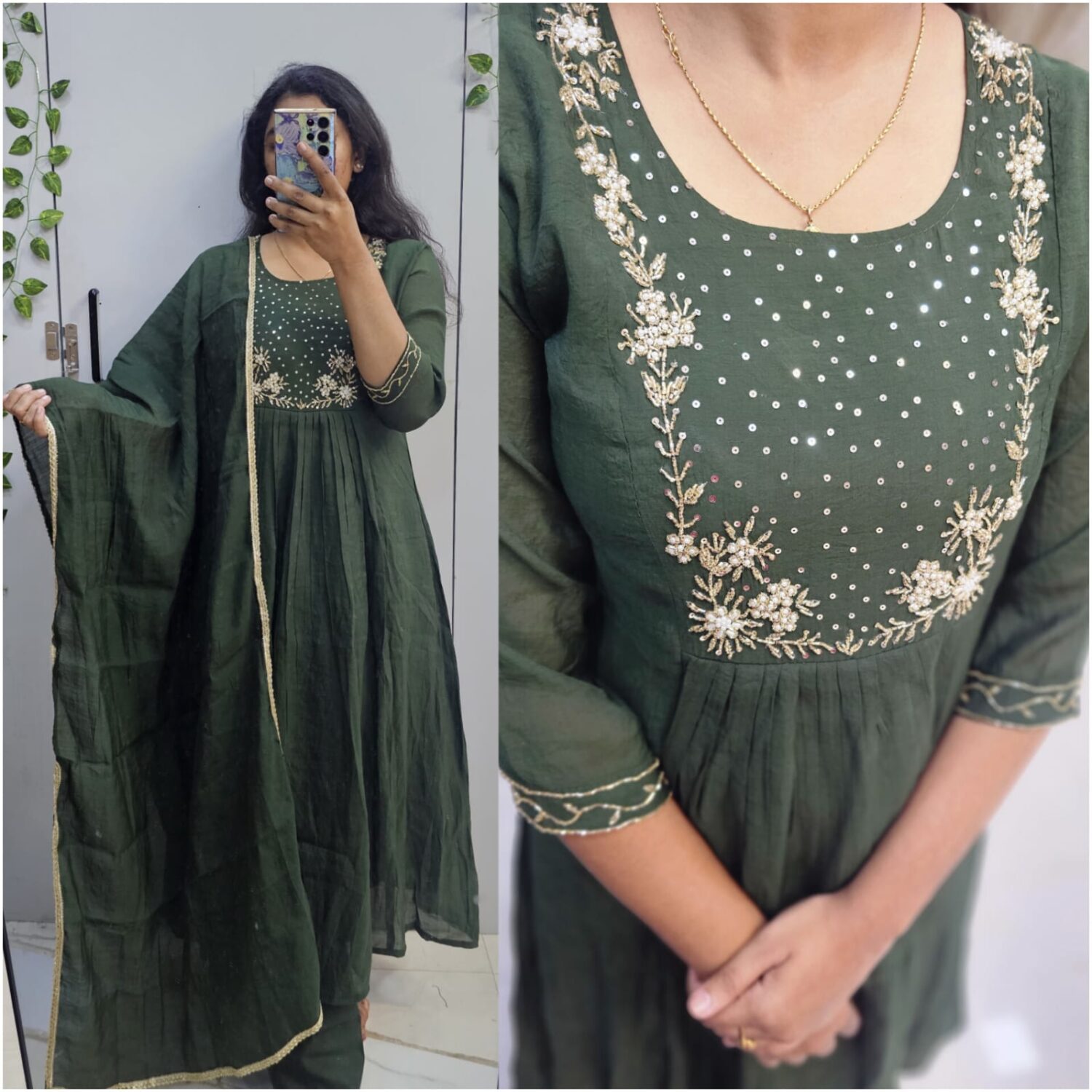 Bottle Green Mul Chanderi Anarkali kurta set (prefer next size) -PMA94
