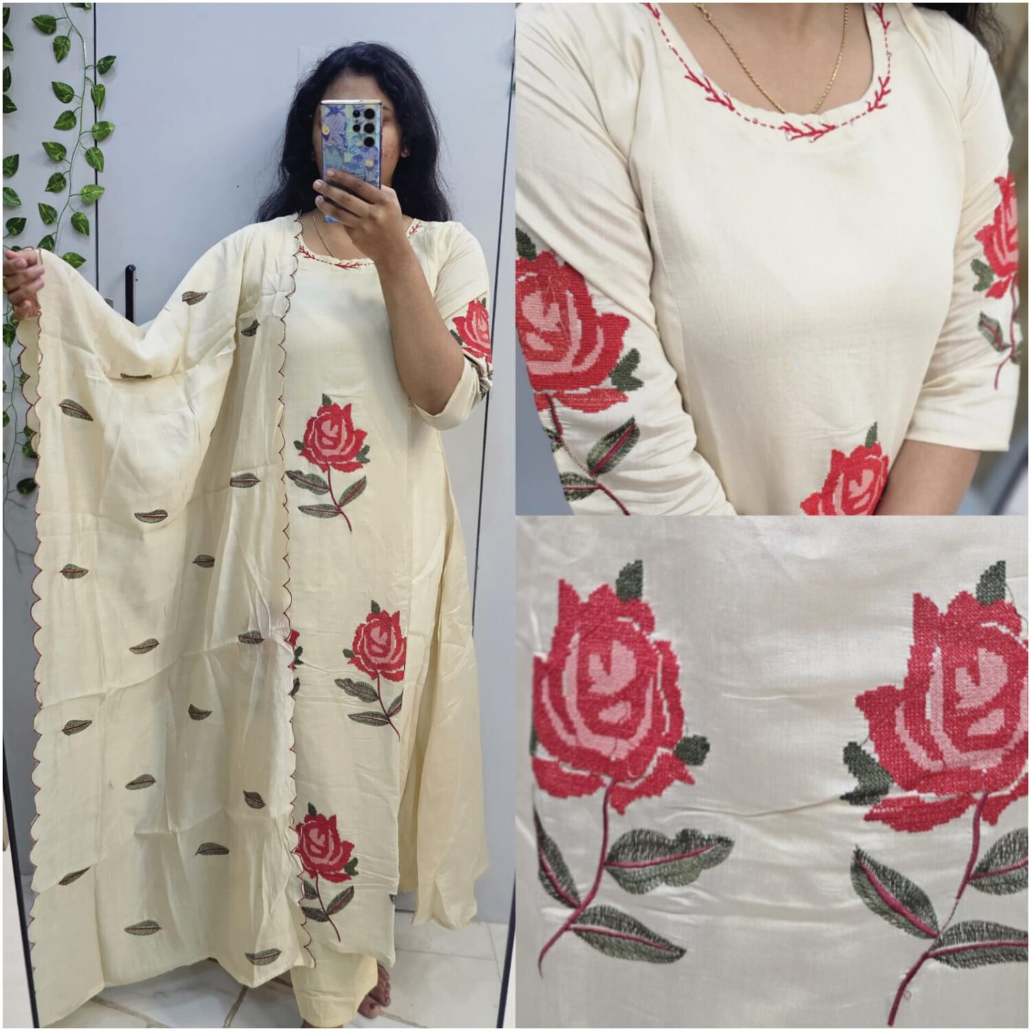 Cream Roman silk A-line Thread  Roses embroidery – kurta set -PMA96