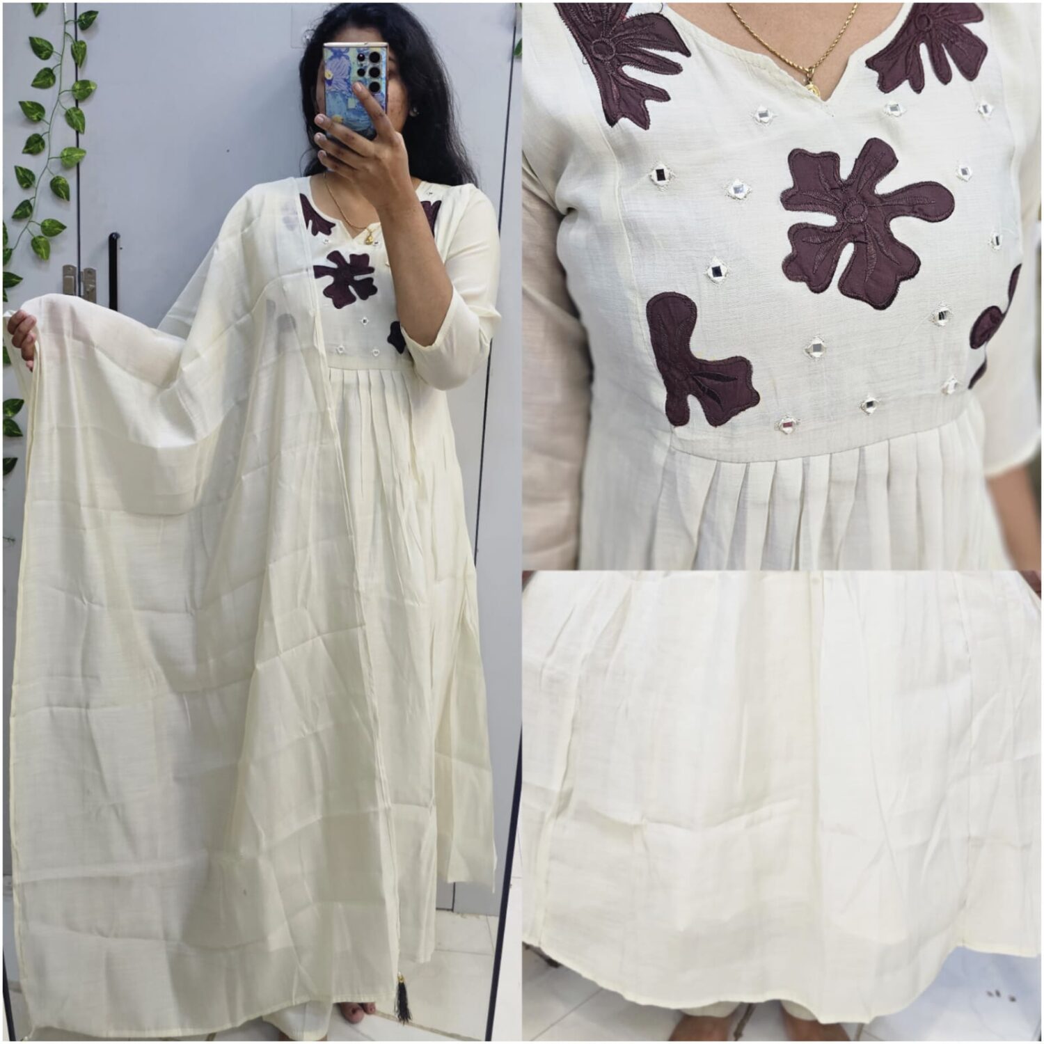 Mul chamderi half white applique thread work A – line kurta set -PMA100