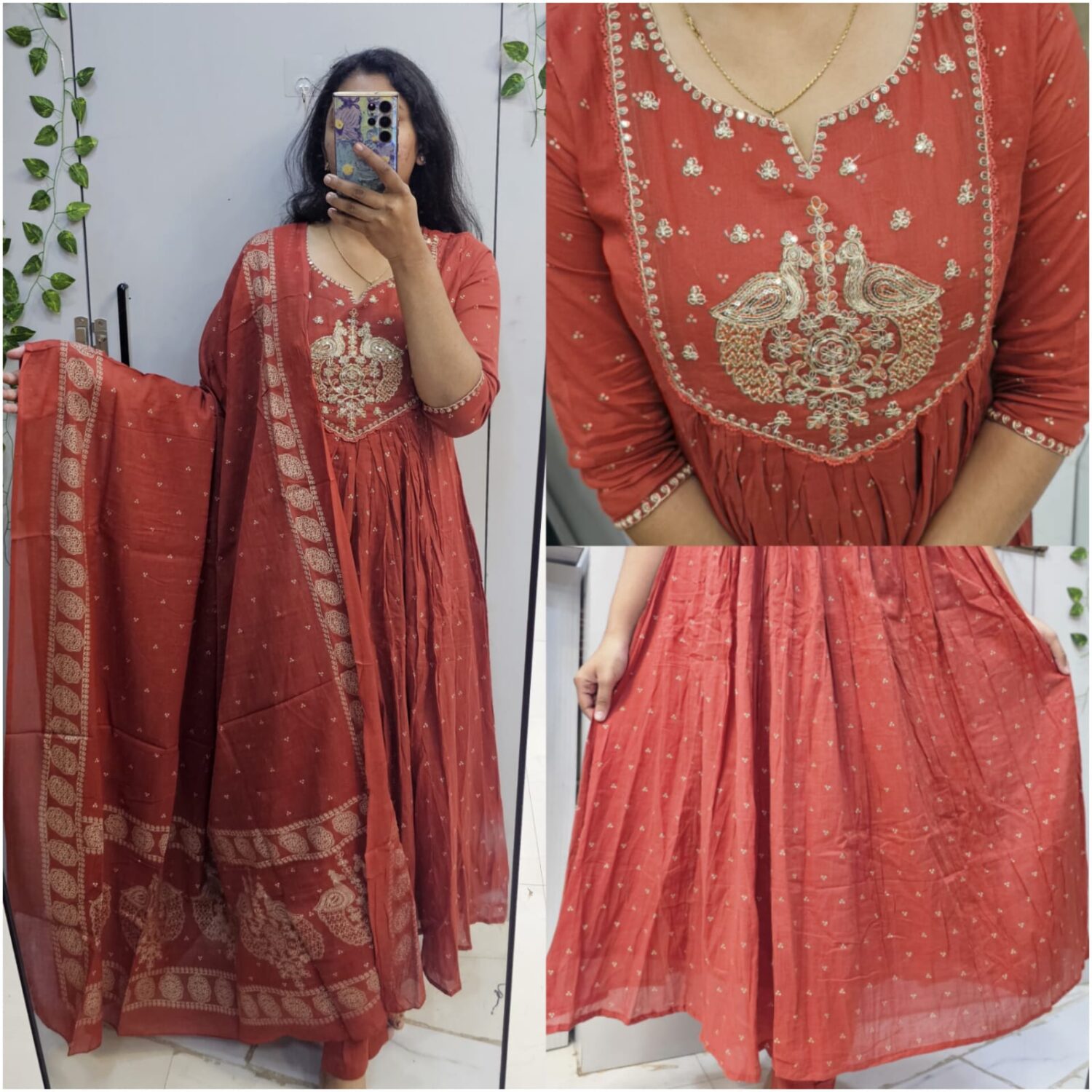 Orange cotton bird detailing work kurta set -PMA103