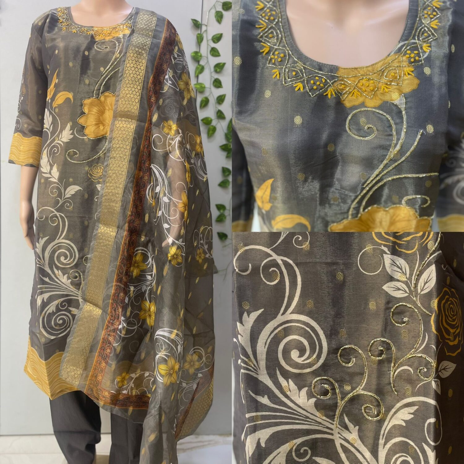Grey shimmer with yellow embroidery Kurta set – PMA108