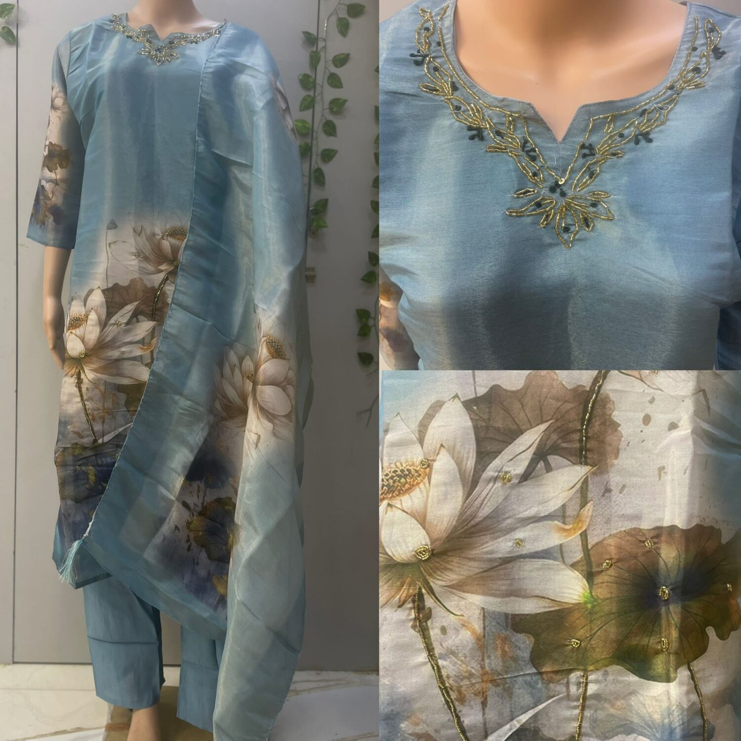 Blue shimmer with embroidery work with digital print dupatta – PMA111