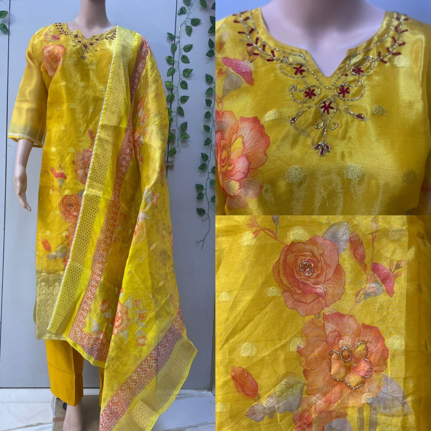 Yellow shimmer with embroidery work with digital print dupatta – PMA113