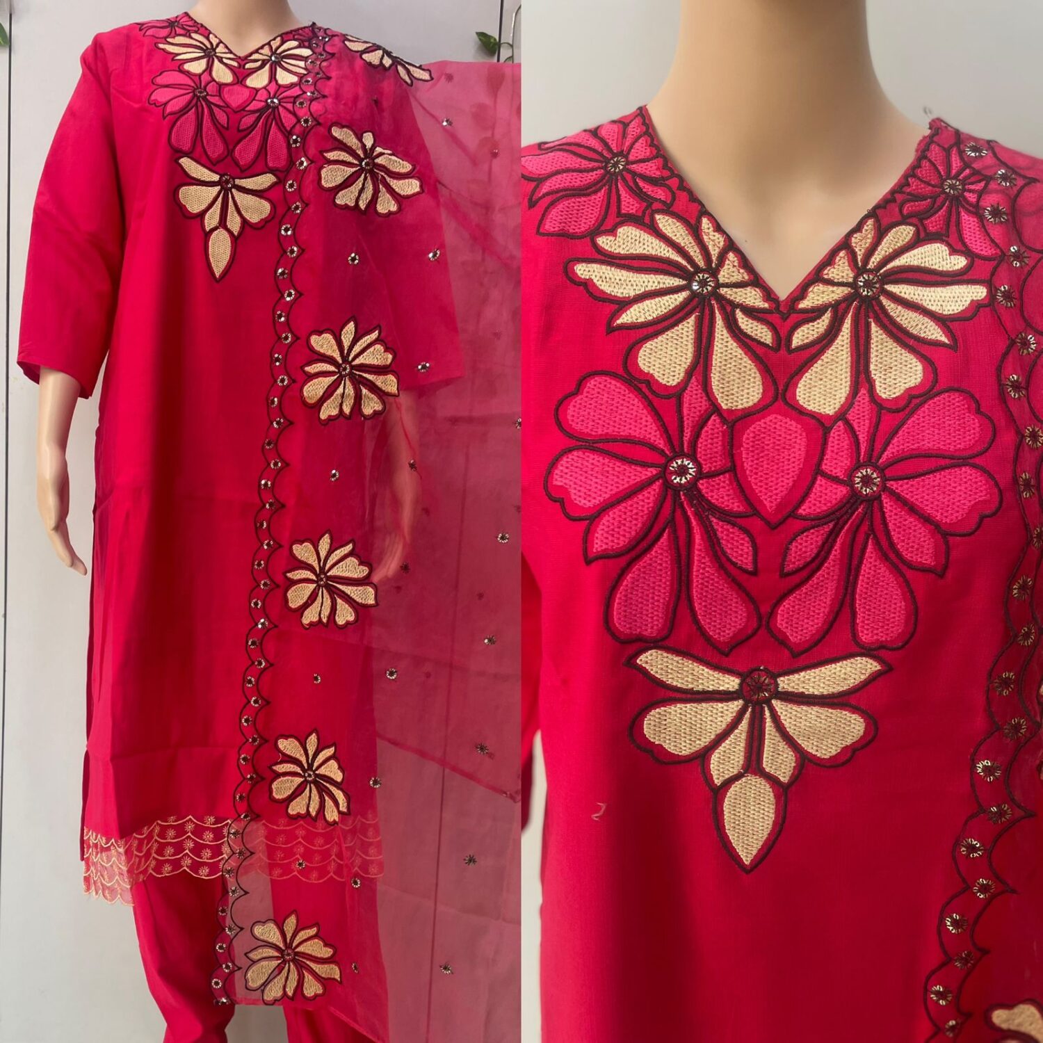 Red Roman silk with thread embroidery work – PMA115