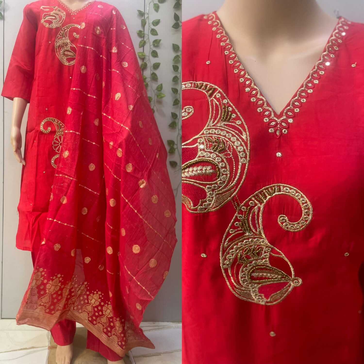 Red Romansilk with embroidery work – PMA118
