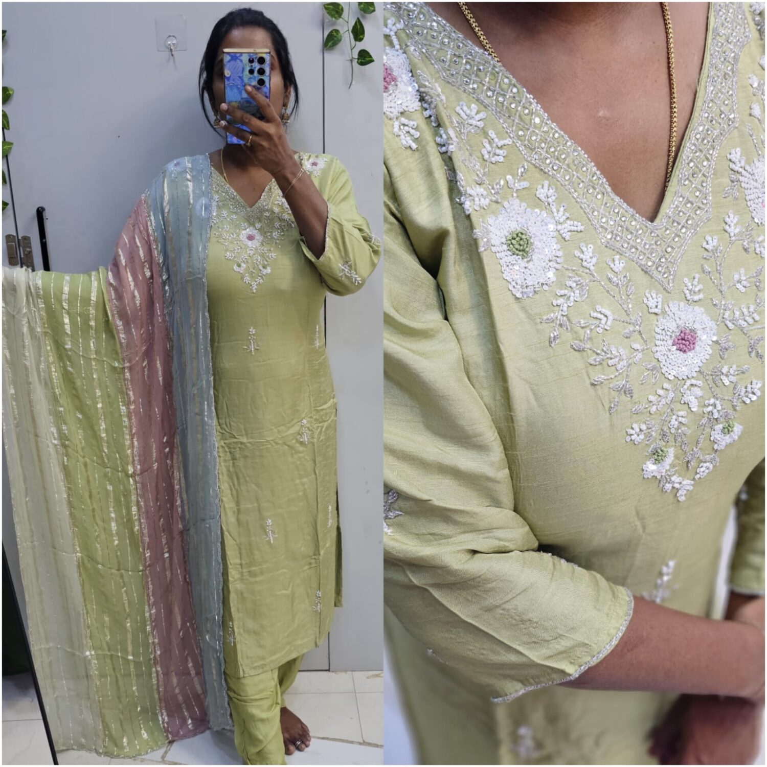 Pure Dola silk Pista green multicolour dupatta – PMA122