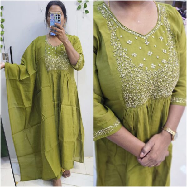 Pure Mul Chanderi green A line embroidery work kurta set- PMA125