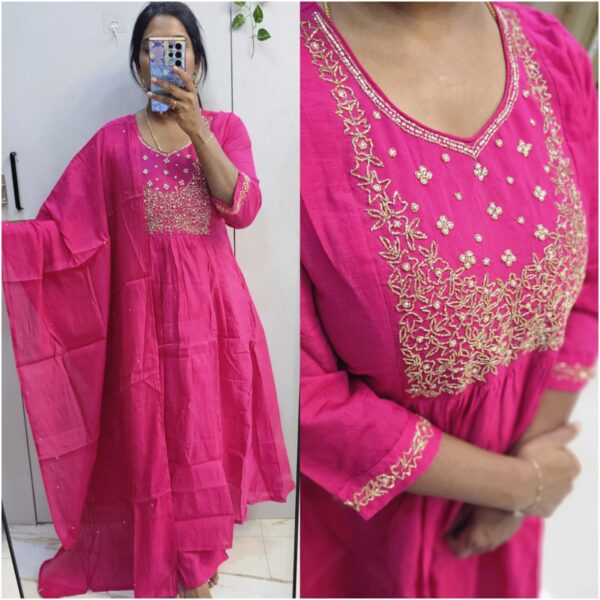Rani pink pure mulchanderi A-line embroidery work kurta set- PMA126
