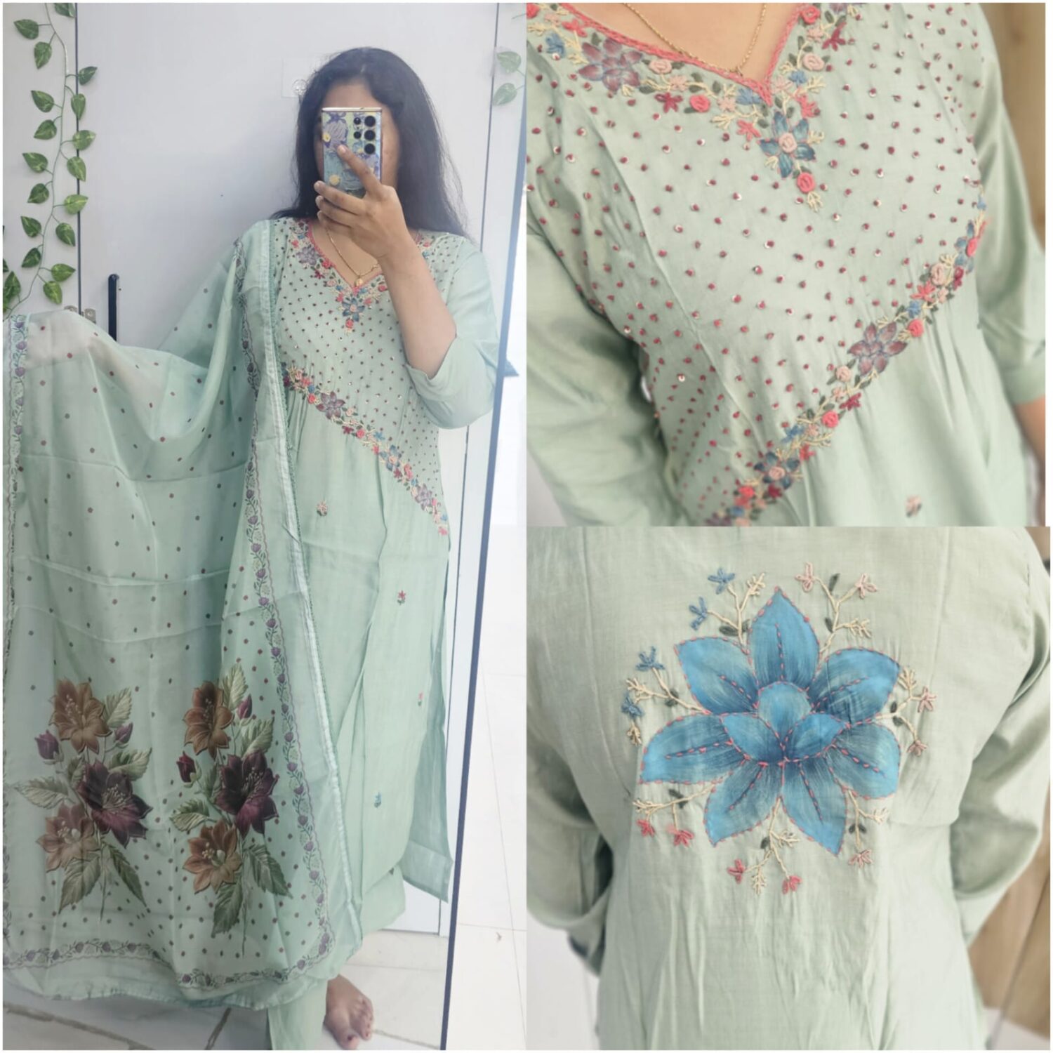 Green Roman Silk Hand Thread embroidery work kurta set (No Lining)  – PMA144