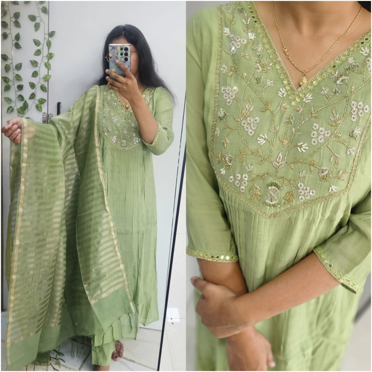 Pista Mul Chanderi  A line embroidery work kurta set (Prefer next Size)  – PMA141