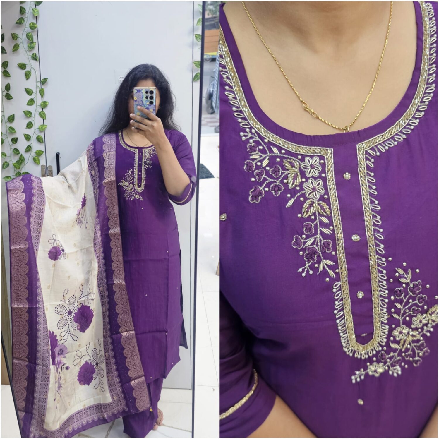 Roman silk Violet Embroidery Kurta Set- PMA155
