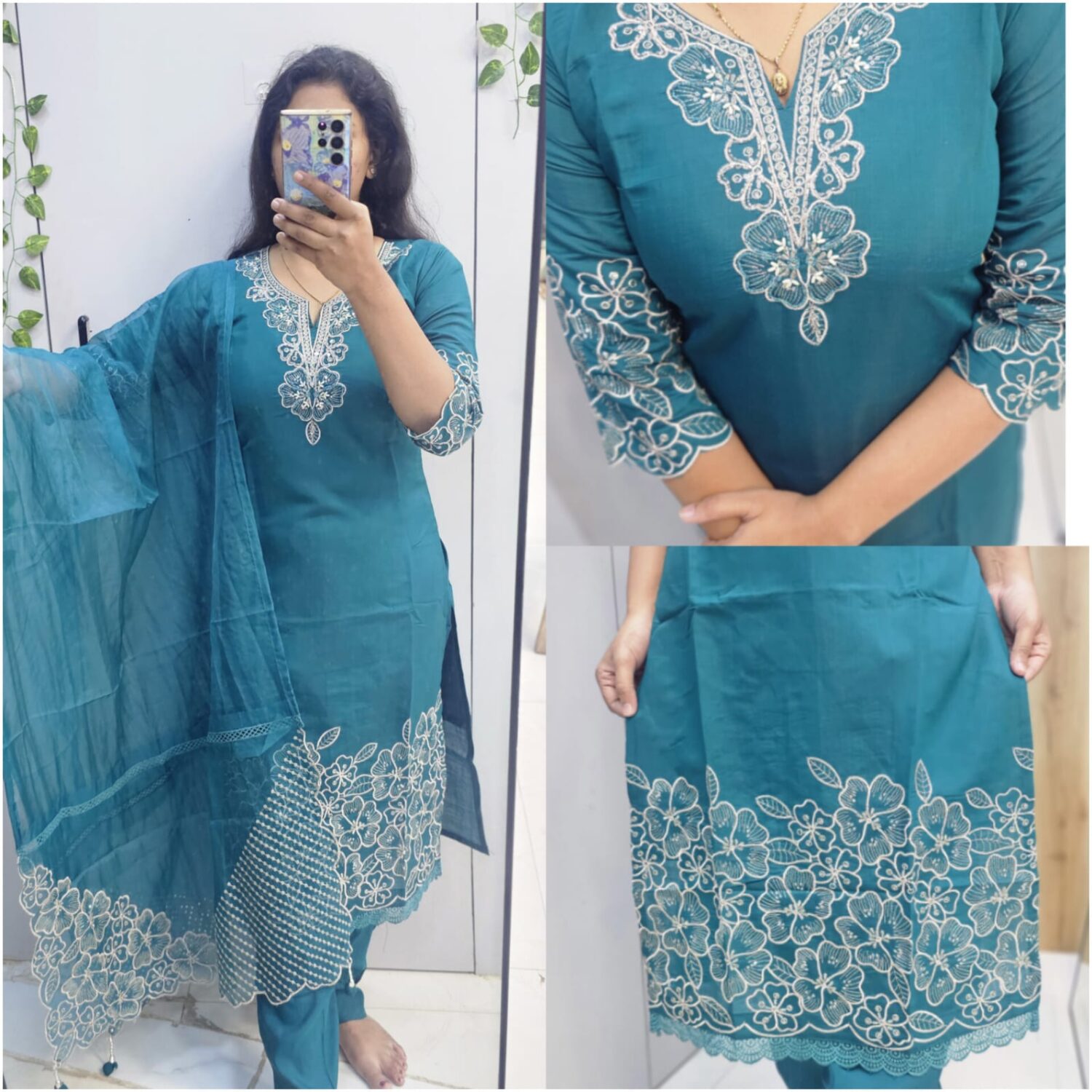 Roman silk Peacock Green Embroidery Kurta Set (Prefer Next Size)- PMA156