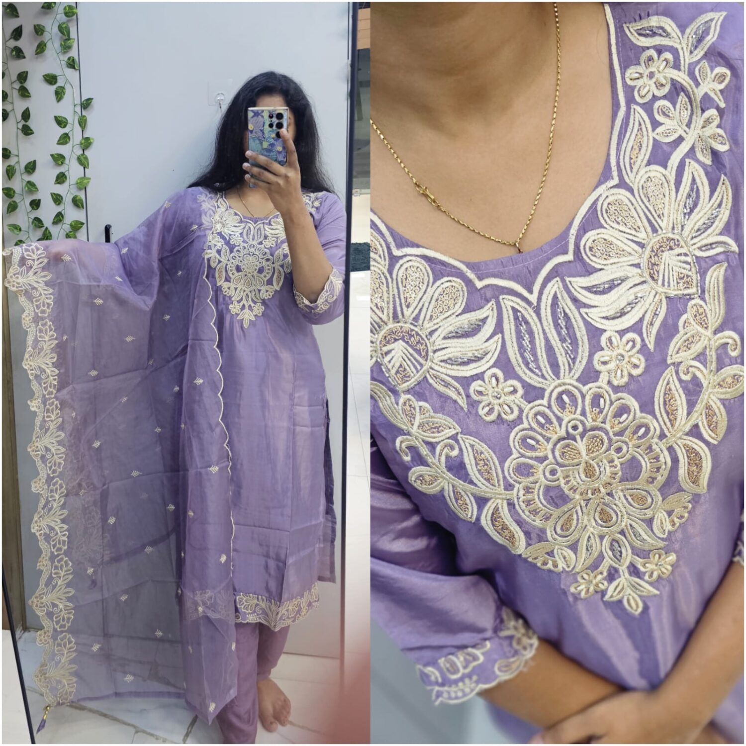 Lavender Glossy Embroidery Kurta Set with Cut-work Dupatta – PMA158