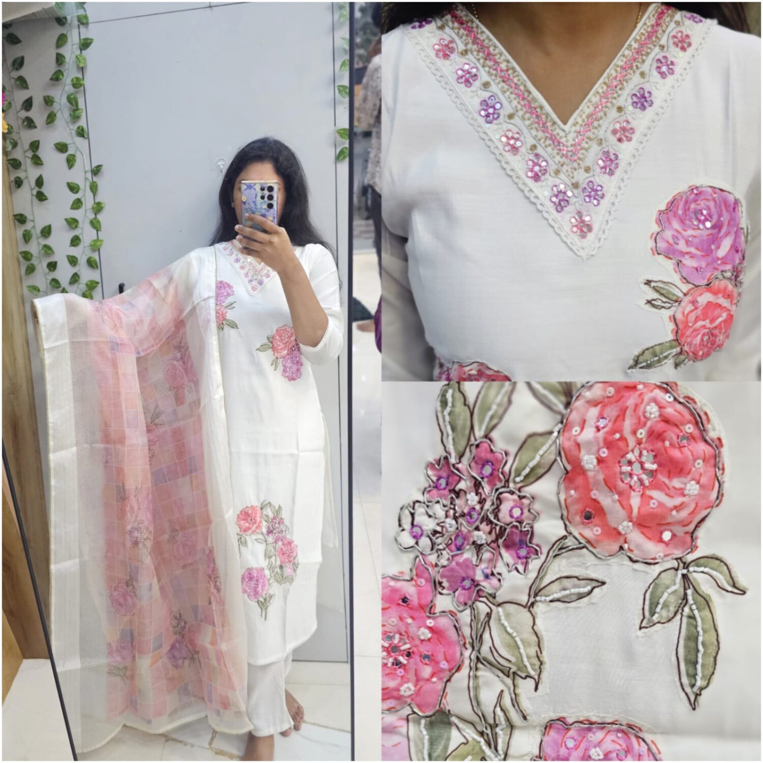 Roman silk Cream White V-neck Embroidery With Kotachecks Dupatta – PMA157